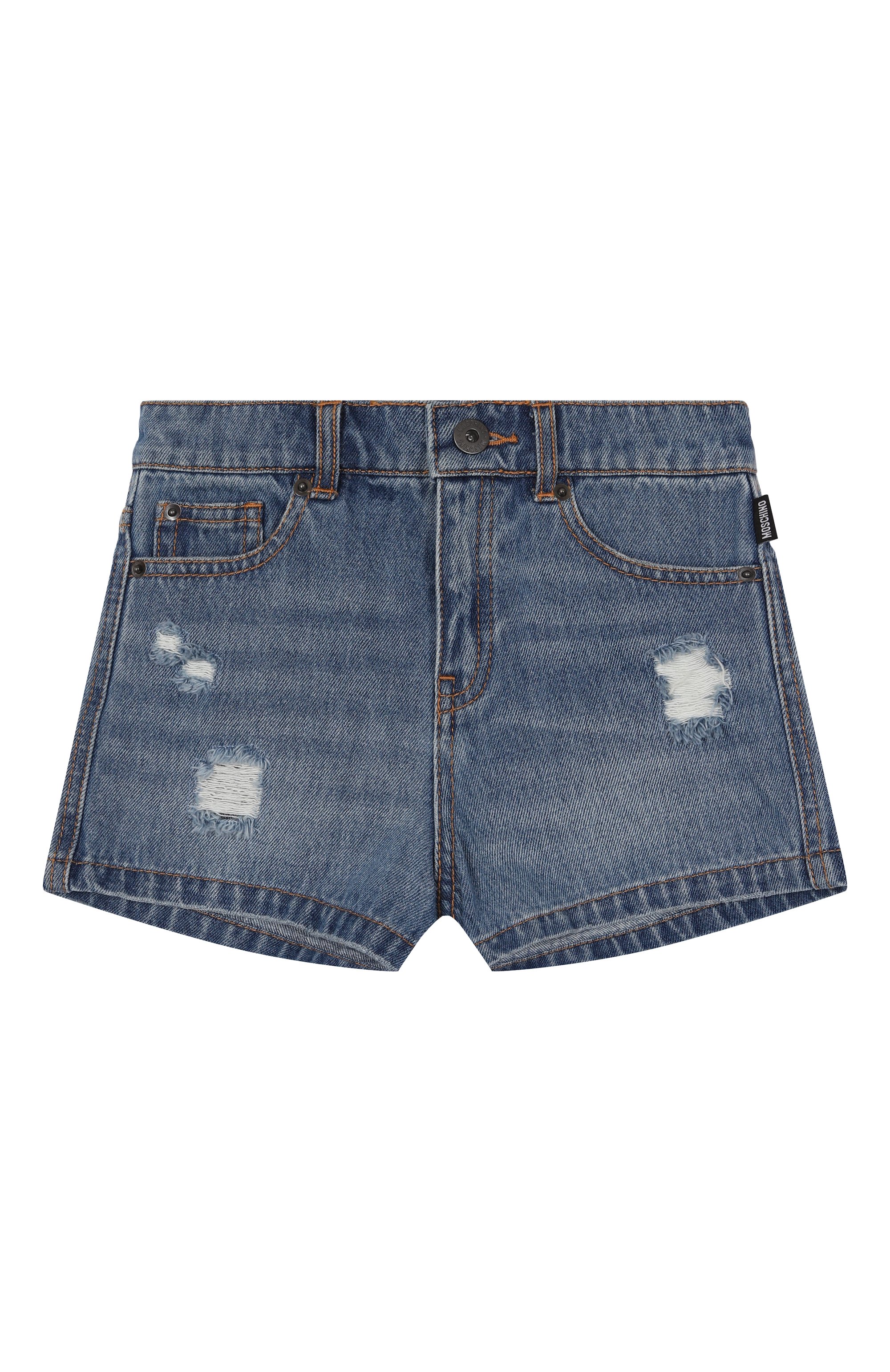 Джинсовые шорты MOSCHINO синего цвета по цене 15100 руб., арт. HDQ010/L0E35/4-8, фото 1 Джинсовые шорты MOSCHINO, арт. HDQ010/L0E35/4-8, фото 1