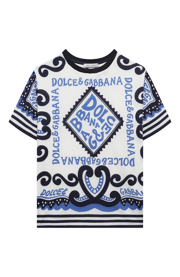 Детская хлопковая футболка DOLCE & GABBANA голубого цвета, арт. L4JTBL/G7L0B/2-6 | Фото 1 (Рукава: Короткие; Материал внешний: Хлопок; Мальчики Кросс-КТ: Футболка-одежда; Автоматизация ТО: Проставлено; Автоматизация состава: Проставлено)