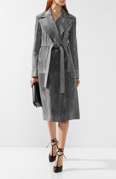 Кожаное пальто с поясом CELINE серого цвета по цене 634000 руб., арт. 28W556319, фото 2 Кожаное пальто с поясом CELINE, арт. 28W556319, фото 2