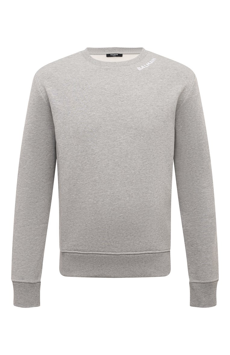 Мужской хлопковый свитшот BALMAIN серого цвета, арт. CH1JQ040/BC62 | Фото 1 (Материал внешний: Хлопок; Длина (для топов): Стандартные; Рукава: Длинные; Мужское Кросс-КТ: свитшот-одежда; Принт: Без принта; Стили: Спорт-шик; Автоматизация состава: Проставлено; Детали: Без декора; Автоматизация ТО: Проставлено)