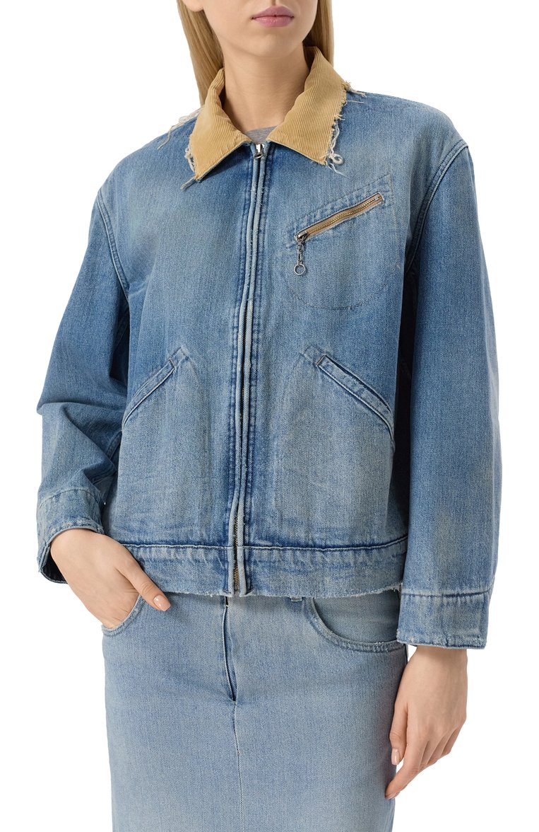 Женская джинсовая куртка MAISON MARGIELA синего цвета, арт. S50AM0636/S30383 | Фото 3 (Рукава: Длинные; Материал внешний: Хлопок, Деним; Автоматизация ТО: Проставлено; Длина (верхняя одежда): Короткие; Автоматизация состава: Проставлено; Материал подклада: Хлопок; Стили: Кэжуэл; Кросс-КТ: Деним, Куртка, Легкие)
