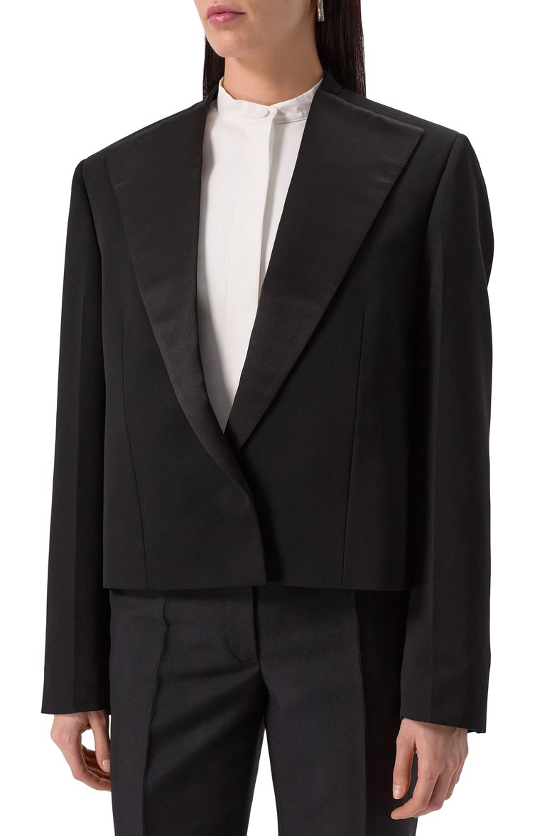 Женский шерстяной жакет JIL SANDER черного цвета, арт. J01BN0131-J40021 | Фото 3 (Материал внешний: Шерсть; Драгоценные камни: Проставлено; Материал сплава: Проставлено; Рукава: Длинные; Длина (для топов): Стандартные; Стили: Кэжуэл; Кросс-КТ: костюм; 1-2-бортные: Однобортные; Женское Кросс-КТ: Жакет-одеж�да)