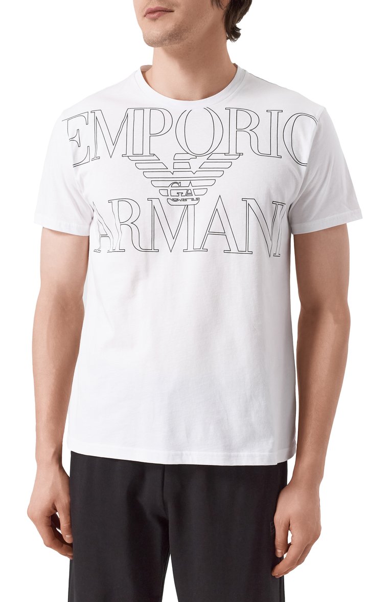 Мужская хлопковая футболка EMPORIO ARMANI белого �цвета, арт. EM000574/AF12326 | Фото 3 (Драгоценные камни: Проставлено; Материал сплава: Проставлено; Рукава: Короткие; Длина (для топов): Стандартные; Принт: С принтом; Стили: Кэжуэл; Материал внешний: Хлопок; Кросс-КТ: Джерси; Мужское Кросс-КТ: Футболка-одежда)