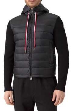 Мужской комбинированный кардиган MONCLER черного цвета, арт. 9B00005/M1367 | Фото 3 (Рукава: Длинные; Длина (для топов): Стандартные; Материал внешний: Хлопок; Мужское Кросс-КТ: Кардиган-одежда; Стили: Кэжуэл; Застежка: Молния; Материал утеплителя: Пух и перо)