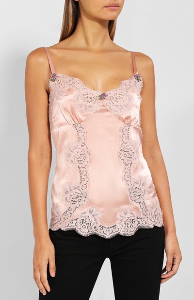 Однотонный топ из смеси шелка и хлопка с кружевной отделкой DOLCE & GABBANA, арт. F72K9T/FUACD, фото 3