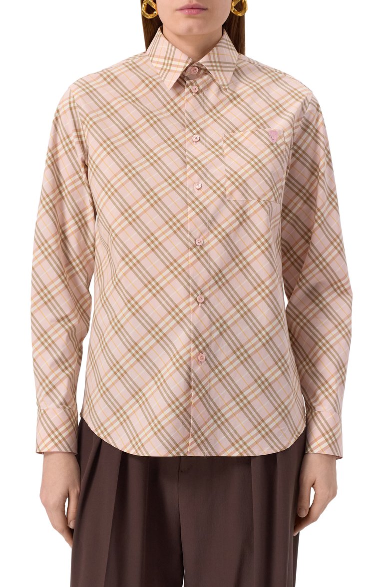 Женская хлопковая рубашка BURBERRY розового цвета, арт. 8101134 | Фото 3 (Длина (для топов): Удлиненные; Стили: Кэжуэл; Принт: Клетка, С принтом; Рукава: Длинные; Материал внешний: Хлопок; Женское Кросс-КТ: Рубашка-одежда)