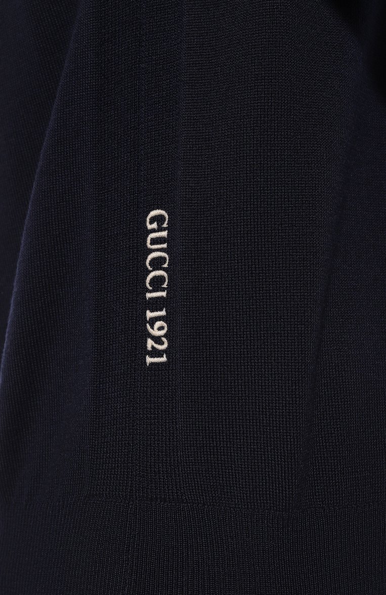 Мужской шерстяной джемпер GUCCI темно-синего цвета, арт. 763661/XKDLY | Фото 6 (Рукава: Длинные; Материал внешний: Шерсть; Длина (для топов): Стандартные; Вырез: Круглый; Стили: Кэжуэл; Мужское Кросс-КТ: Джемперы; Принт: Без принта)