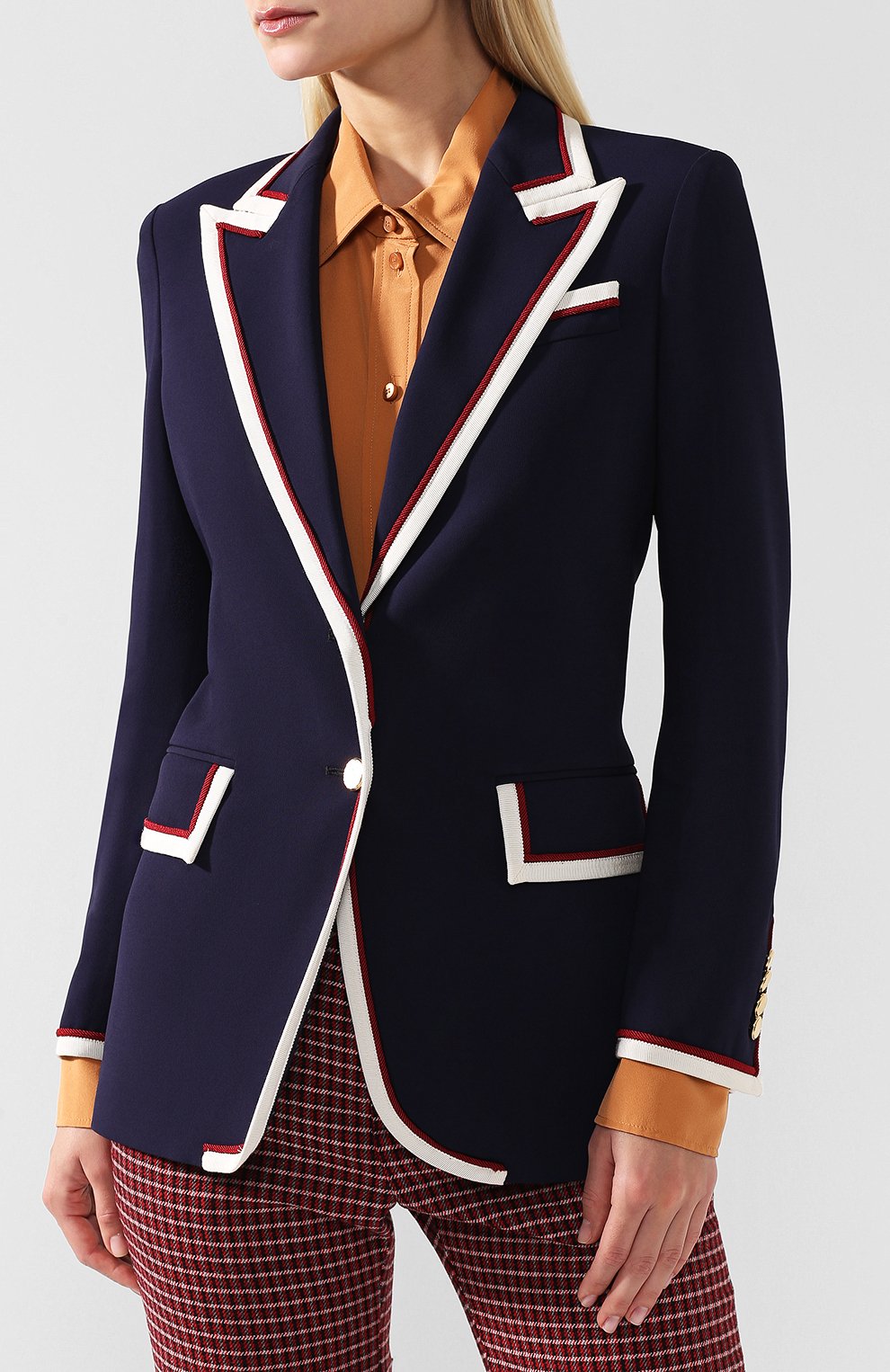 Жакет с контрастной отделкой GUCCI синего цвета по цене 257760 руб., арт. 523859/ZKR01, фото 3 Жакет с контрастной отделкой GUCCI, арт. 523859/ZKR01, фото 3