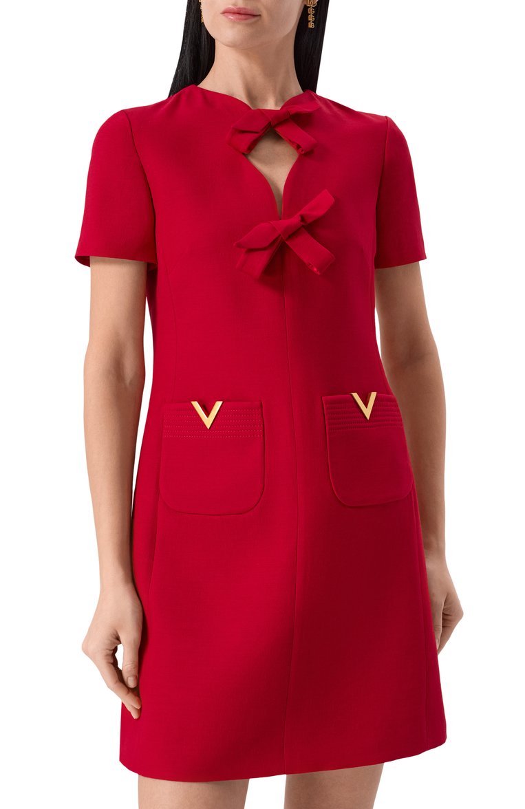 Женское платье из шерсти и шелка VALENTINO красного цвета, арт. 6B3VAEV11CF | Фото 3 (Рукава: Короткие; Длина Ж (юбки, платья, шорты): Мини; Материал внешний: Шерсть, Шелк; Случай: Повседневный; Женское Кросс-КТ: Платье-одежда; Стили: Романтичный)