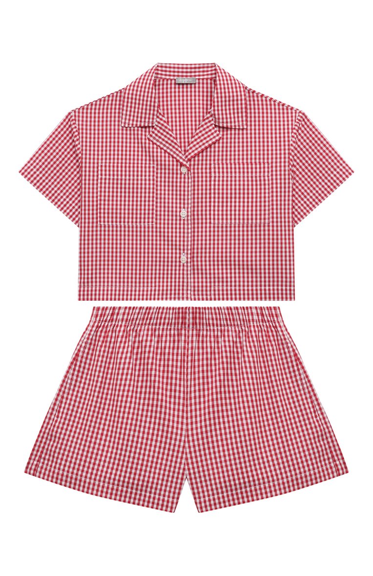 Детский костюм из топа и шорт IL GUFO красного цвета, арт. P24DP489C3148/5A-8A | Фото 1 (Рукава: Короткие; Материал внешний: Хлопок; Драгоценные камни: Проставлено; Материал сплава: Проставлено; Кросс-КТ: костюм; Ростовка одежда: 4 года | 104 см, 5 лет | 110 см, 7 лет | 122 см)