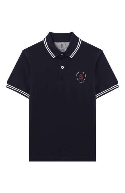 Детское хлопковое поло BRUNELLO CUCINELLI темно-синего цвета, арт. B0B13917TA | Фото 1 (Рукава: Короткие; Материал сплава: Проставлено; Драгоценные камни: Проставлено)