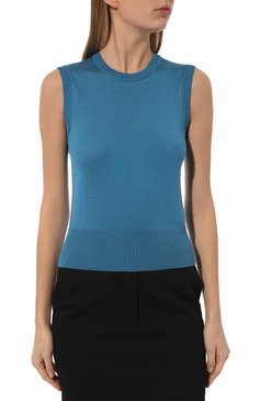 Женский шелковый топ DOLCE & GABBANA голубого цвета, арт. FXT04T/JBSHX | Фото 3 (Рукава: Короткие; Материал сплава: Проставлено; Материал внешний: Шелк; Длина (для топов): Стандартные; Драгоценные камни: Проставлено; Стили: Минимализм)