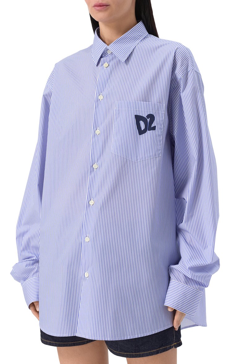 Женская хлопковая рубашка DSQUARED2 голубого цвета, арт. S73DL0280/D35285 | Фото 3 (Автоматизация состава: Проставлено; Рукава: Длинные; Автоматизация ТО: Проставлено; Длина (для топов): Удлиненные; Материал внешний: Хлопок; Женское Кросс-КТ: Рубашка-одежда; Принт: Полоска, С принтом; Детали: Без декора; Стили: Классический)