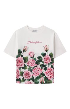 Детская хлопковая футболка DOLCE & GABBANA белого цвета, арт. L5JTNL/II7GI/8-14 | Фото 1 (Рукава: Короткие; Драгоценные камни: Проставлено; Материал сплава: Проставлено; Девочки Кросс-КТ: футболка-одежда; Материал внешний: Хлопок; Ростовка одежда: 10 - 11 лет | 140 - 146см, 13 - 15 лет | 158 см, 8 лет | 128 см)