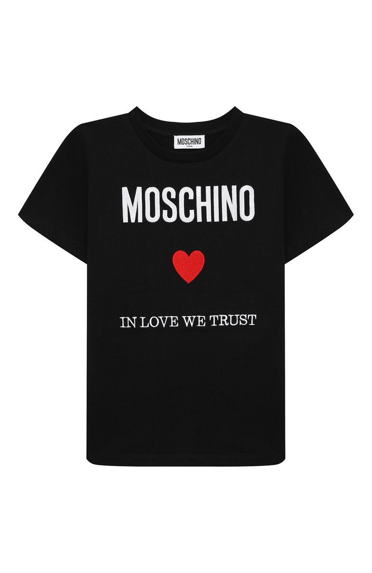 Детская хлопковая футболка MOSCHINO черного цвета, арт. H0M04K/LAA22/4-8 | Фото 1 (Девочки Кросс-КТ: футболка-одежда; Рукава: Короткие; Материал сплава: Проставлено; Материал внешний: Хлопок; Драгоценные камни: Проставлено; Ростовка одежда: 4 года | 104 см, 5 ле�т | 110 см, 6 лет | 116 см, 8 лет | 128 см)