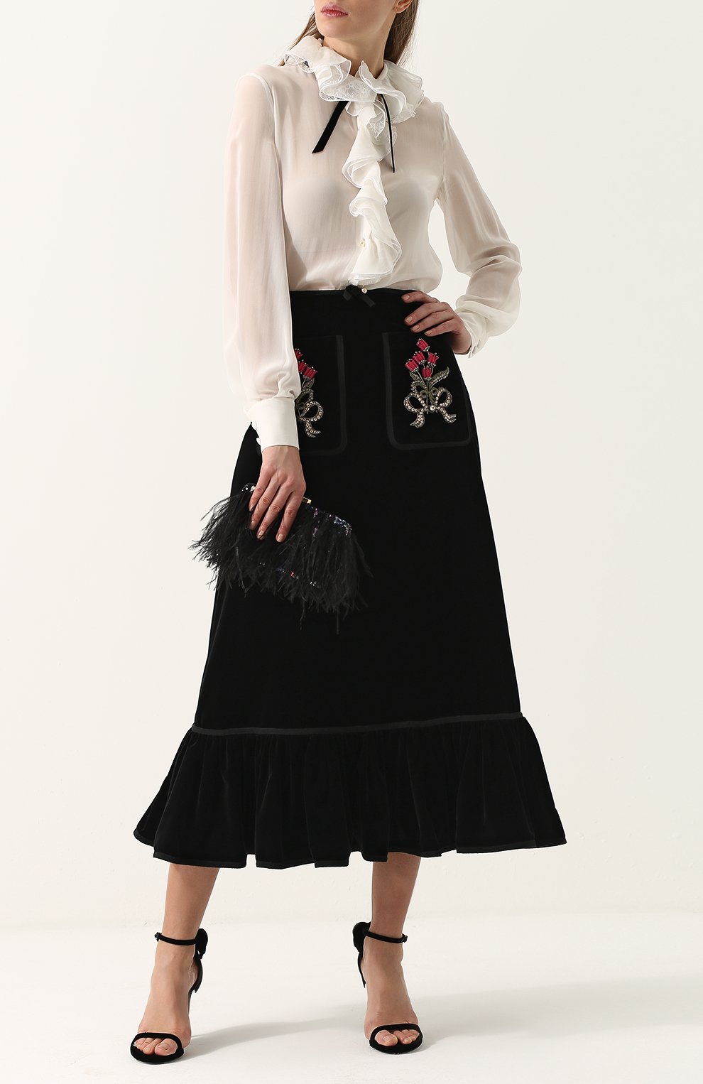 Бархатная юбка-миди с накладными карманами и оборкой GUCCI, арт. 480040/ZJZ75, фото 2