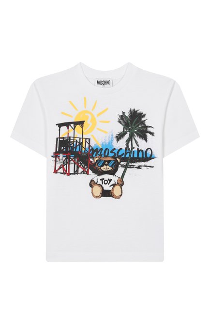 Детская хлопковая футболка MOSCHINO белого цвета, арт. H0M050/LAA23/4-8 | Фото 1 (Материал сплава: Проставлено; Материал внешний: Хлопок; Драгоценные камни: Проставлено; Рукава: Короткие)