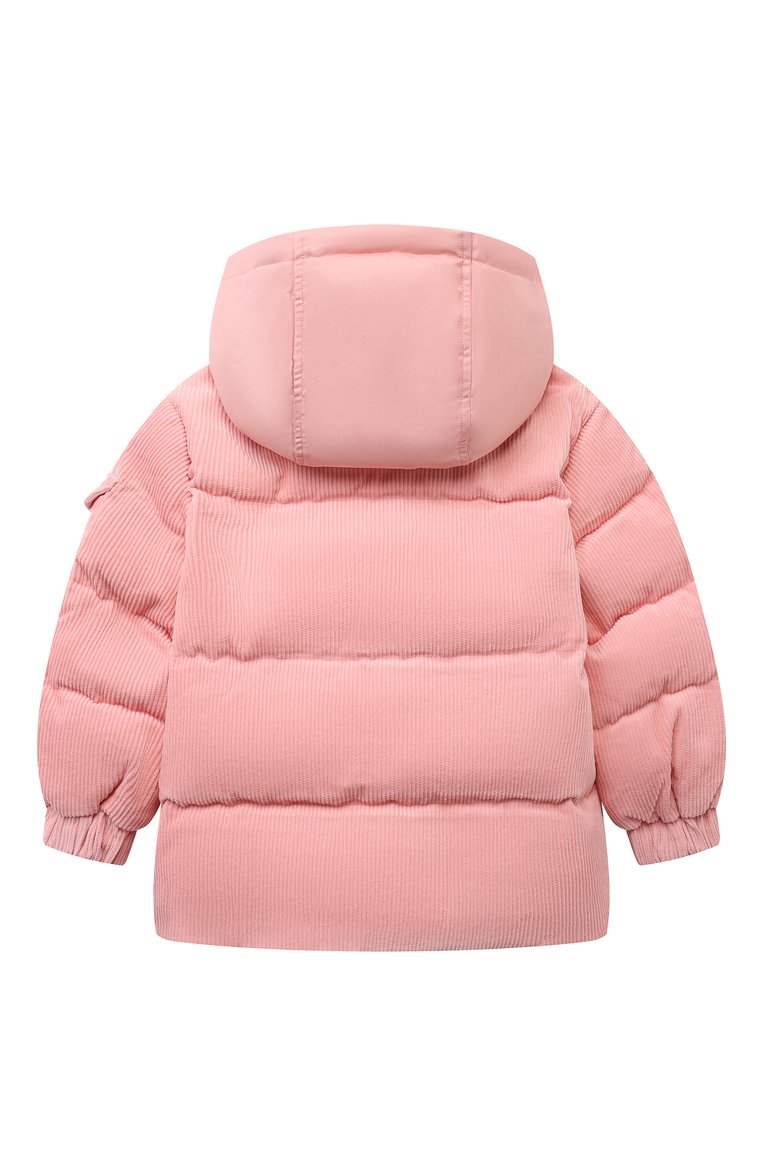 Детская утепленная куртка из вельвета MOSCHINO светло-розового цвета, арт. HUS044/LWA04/10A-14A | Фото 2 (Драгоценные камни: Проставлено; Рукава: Длинные; Материал внешний: Хлопок; Материал сплава: Проставлено; Материал подклада: Вискоза)