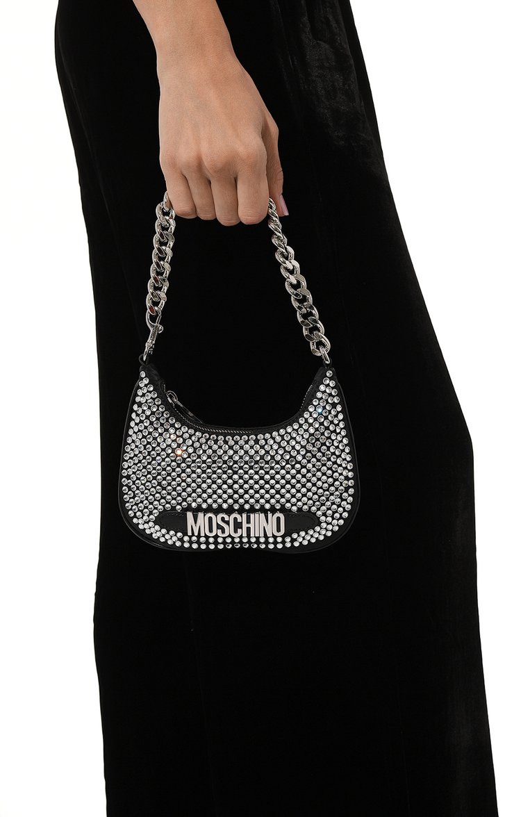 Женская сумка MOSCHINO серебряного цвета, арт. B8412/8202 | Фото 2 (Материал сплава: Проставлено; Размер: mini; Драгоценные камни: Проставлено; Материал: Текстиль; Сумки-технические: Сумки через плечо)