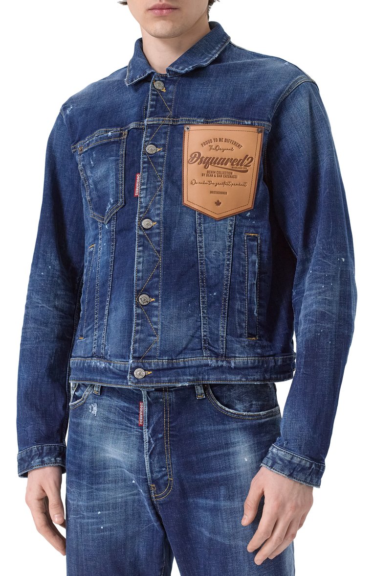 Мужская джинсовая куртка DSQUARED2 синего цвета, арт. S74AM1561/S30664 | Фото 3 (Длина (верхняя одежда): Короткие; Рукава: Длинные; Кросс-КТ: Деним, Легкие; Стили: Кэжуэл; Материал внешний: Деним, Хлопок)