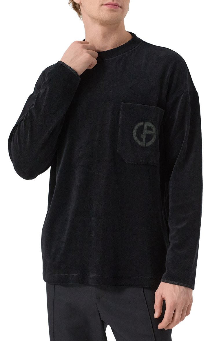 Мужская хлопковый лонгслив GIORGIO ARMANI черного цвета, арт. GM001249/TE13896 | Фото 3 (Рукава: Длинные; Длина (для топов): Стандартные; Стили: Кэжуэл; Принт: С принтом; Материал внешний: Хлопок; Мужское Кросс-КТ: Футболка-одежда; Кросс-КТ: Джерси; Автоматизация состава: Проставлено; Автоматизация ТО: Проставлено)