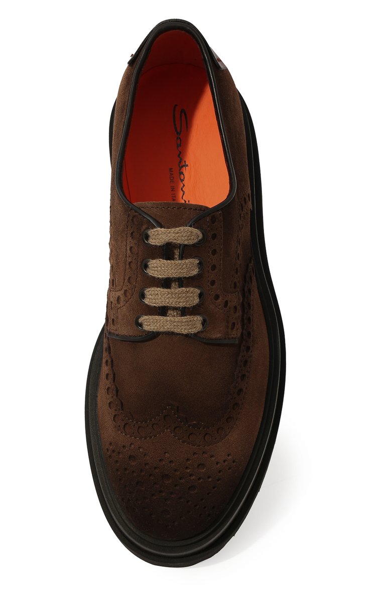 Мужские замшевые дерби SANTONI темно-коричневого цвета, арт. MGMG17800JK4EGXXS50 | Фото 6 (Материал внутренний: Натуральная кожа; Материал внешний: Замша, Натуральная кожа; Мужское Кросс-КТ: Броги-обувь; Стили: Классический; Нос: Не проставлено; Материал сплава: Проставлено)