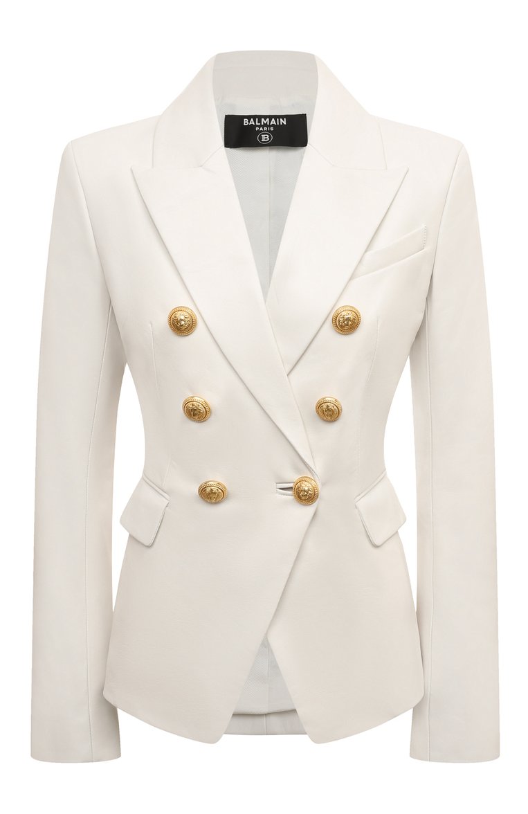 Женский кожаный жакет BALMAIN белого цвета, арт. XF0SG000LB26 | Фото 1 (Материал внешний: Натуральная кожа; Материал подклада: Вискоза; Рукава: Длинные; 1-2-бортные: Двубортные; Женское Кросс-КТ: Жакет-одежда; Случай: Повседневный; Стили: Кэжуэл; Длина (для топов): Стандартные)