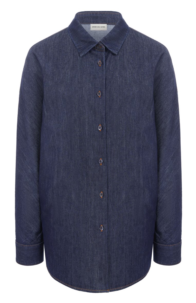 Женская джинсовая рубашка DRIES VAN NOTEN синего цвета, арт. 251-010729-1553 | Фото 1 (Рукава: Длинные; Длина (для топов): Удлиненные; Материал внешний: Хлопок, Деним; Кросс-КТ: костюм, Деним; Принт: Без принта; Стили: Кэжуэл; Женское Кросс-КТ: Рубашка-одежда; Автоматизация состава: Проставлено; Автоматизация ТО: Проставлено)