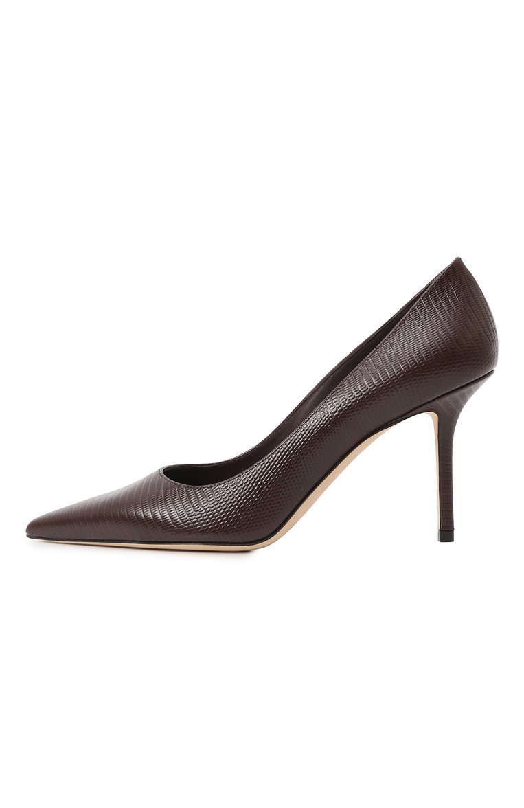 Женские кожаные туфли love 85 JIMMY CHOO темно-коричневого цвета, арт. L0VE 85/PWJ | Фото 4 (Драгоценные камни: Проставлено; Подошва: Плоская; Каблук высота: Высокий; Материал сплава: Проставлено; Материал внешний: Натуральная кожа; Материал внутренний: Натуральная кожа; Каблук тип: Шпилька)