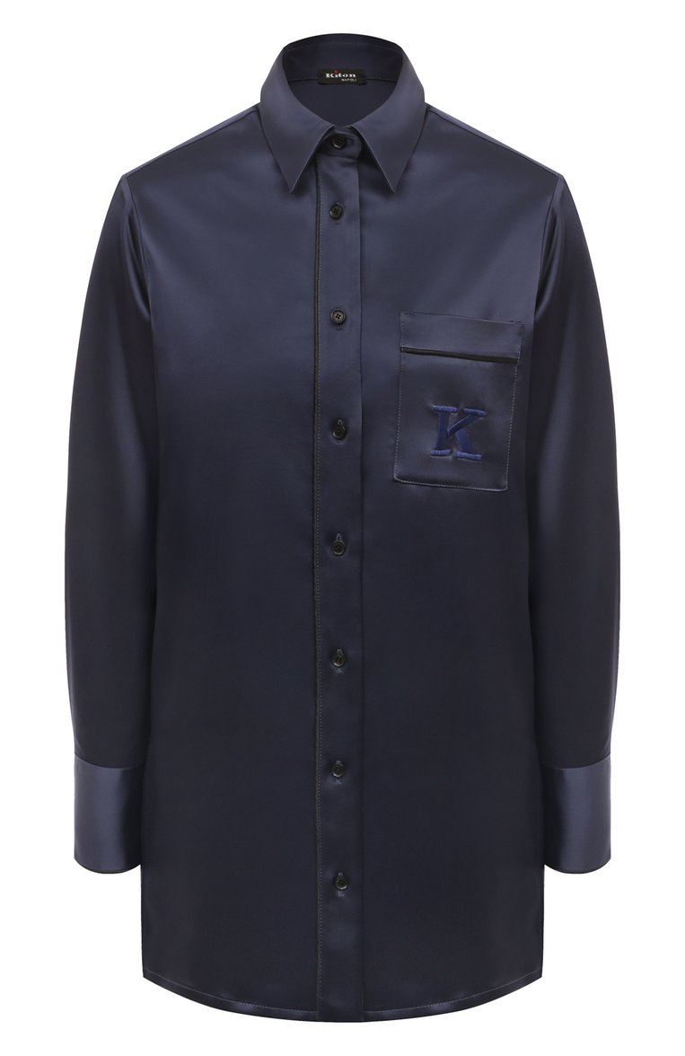 Женская атласная блузка KITON синего цвета, арт. D52446K04S46 | Фото 1 (Материал внешний: Синтетический материал; Длина (для топов): Удлиненные; Рукава: Длинные; Принт: Без принта; Женское Кросс-КТ: Блуза-одежда; Стили: Кэжуэл; Автоматизация ТО: Проставлено; Детали: Декор; Автоматизация состава: Проставлено)