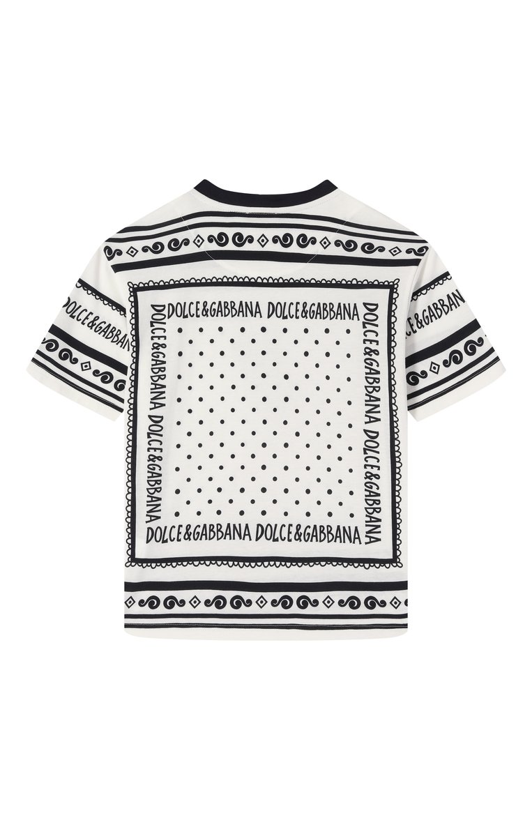 Детская хлопковая футболка DOLCE & GABBANA черно-белого цвета, арт. L4JTHV/II7FZ/8-14 | Фото 2 (Рукава: Короткие; Мальчики Кросс-КТ: Футболка-одежда; Материал внешний: Хлопок; Автоматизация состава: Проставлено; Автоматизация ТО: Проставлено; Ростовка одежда: 13 - 15 лет | 158 см, 16 лет | 164 см, 8 лет | 128 см, 10 - 11 лет | 140 - 146см)