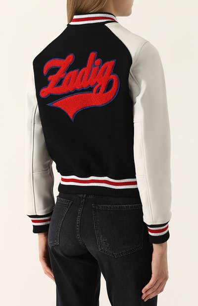 Шерстяной бомбер с контрастными кожаными рукавами ZADIG AND VOLTAIRE черно-белого цвета по цене 57450 руб., арт. SGCU3401F, фото 4 Шерстяной бомбер с контрастными кожаными рукавами ZADIG AND VOLTAIRE, арт. SGCU3401F, фото 4