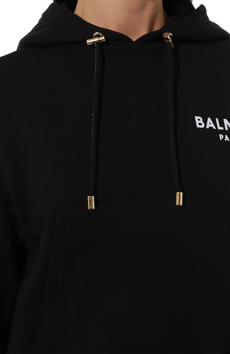 Женский хлопковое худи BALMAIN черного цвета, арт. AF1JP000/BB01 | Фото 5 (Длина (для топов): Стандартные; Материал внешний: Хлопок; Рукава: Длинные; Стили: Спорт-шик; Женское Кросс-КТ: Худи-одежда; Автоматизация состава: Проставл�ено; Автоматизация ТО: Проставлено)