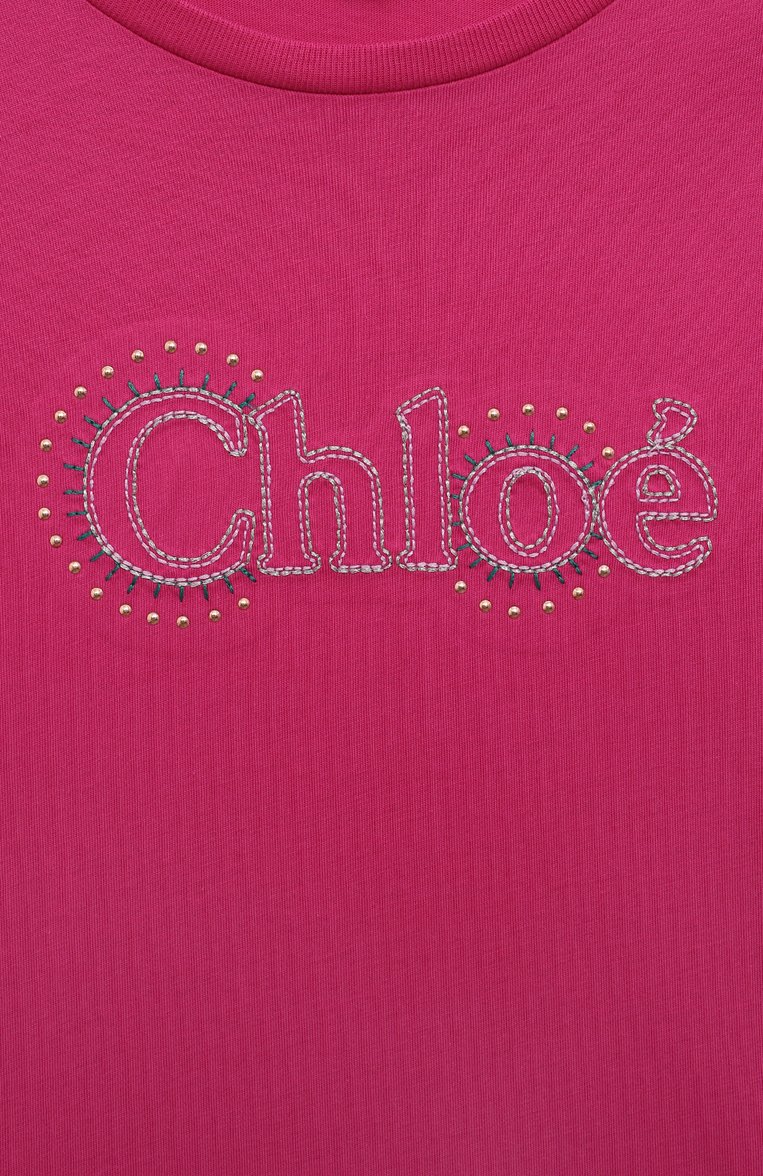 Детская хлопковая футболка CHLOÉ фуксия цвета, арт. C20114/14A | Фото 3 (Материал внешний: Хлопок; Материал сплава: Проставлено; Рукава: Короткие; Драгоценные камни: Проставлено; Девочки Кросс-КТ: футболка-одежда; Ростовка одежда: 13 - 15 лет | 158 см)