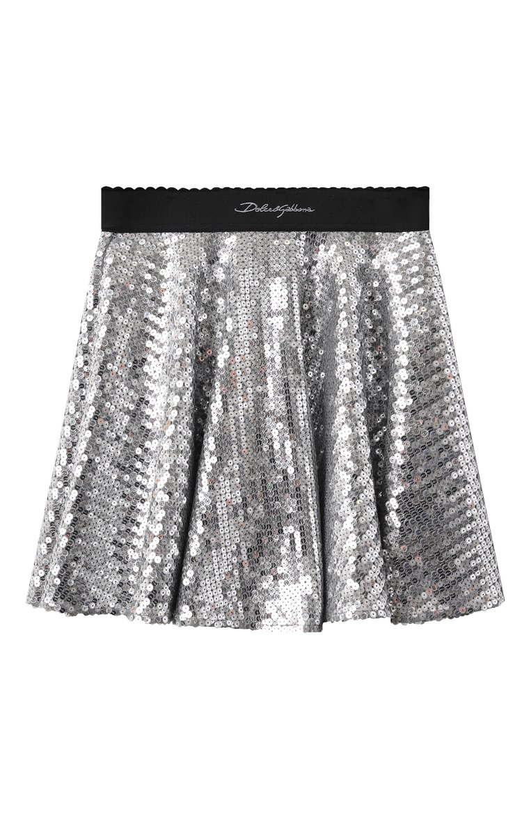 Детская юбка DOLCE & GABBANA серебряного цвета, арт. L55I44/FLSIW/8-14 | Фото 1 (Материал сплава: Проставлено; Нос: Не проставлено; Случай: Вечерний; Материал внешний: Синтетический материал; Ростовка одежда: 8 лет | 128 см, 13 - 15 лет | 158 см, 10 - 11 лет | 140 - 146см)