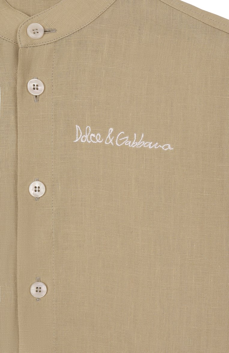 Детская льняная рубашка DOLCE & GABBANA бежевого цвета, арт. L44S25/FU4LH/2-6 | Фото 3 (Автоматизация ТО: Проставлено; Автоматизация состава: Проставлено; Материал внешний: Лен; Рукава: Короткие; Случай: Повседневный; Ростовк�а одежда: 9 лет | 134 см, 3 года | 98 см, 2 года | 92 см, 4 года | 104 см, 6 лет | 116 см, 5 лет | 110 см, 8 лет | 128 см, 13 - 15 лет | 158 см, 12 лет | 152 см)