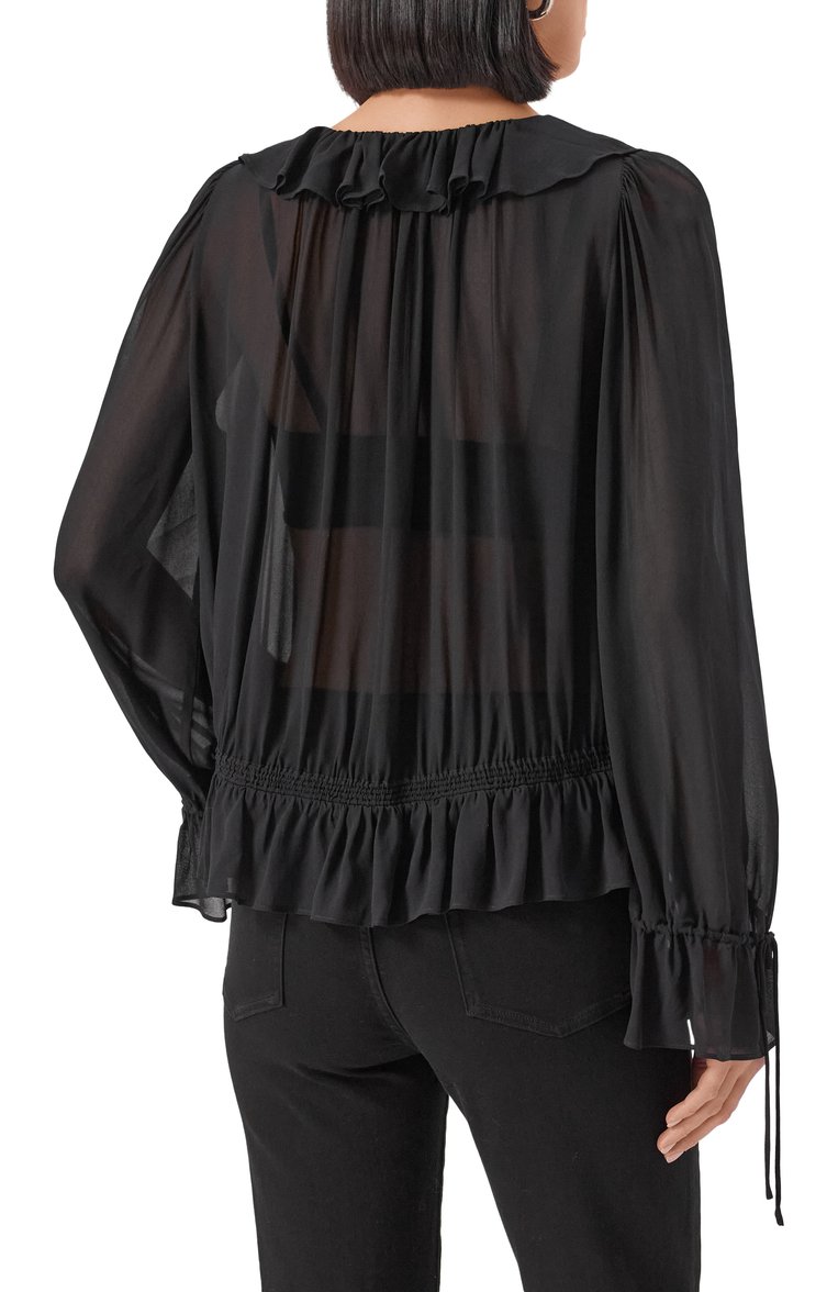 Женская блузка из вискозы THE KOOPLES черного цвета, арт. FT0P30017K | Фото 4 (Материал внешний: Вискоза; Рукава: Длинные; Длина (для топов): Стандартные; Принт: Без принта; Женское Кросс-КТ: Блуза-одежда; Стили: Романтичный)