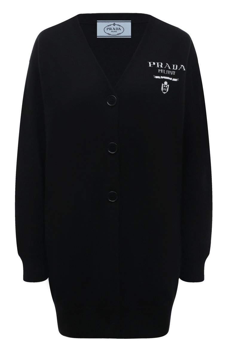 Женский шерстяной кардиган PRADA черного цвета, арт. P25I86-10F4-F0002-212 | Фото 1 (Длина (для топов): Удлиненные; Материал внешний: Шерсть, Кашемир; Рукава: Длинные; Женское Кросс-КТ: кардиган-трикотаж; Стили: Кэжуэл; Застежка: Пуговицы)
