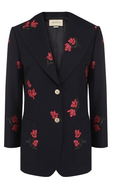Приталенные жакет из смеси хлопка и шерсти с декоративной вышивкой GUCCI синего цвета по цене 155000 руб., арт. 501147/ZKM14, фото 1 Приталенные жакет из смеси хлопка и шерсти с декоративной вышивкой GUCCI, арт. 501147/ZKM14, фото 1