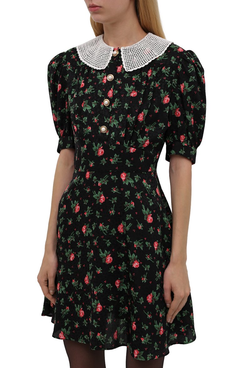 Женское шелковое платье MIU MIU черного цвета, арт. MF4360-1MP7-F0002 | Фото 3 (Материал внешний: Шелк; Длина Ж (юбки, платья, шорты): Мини; Стили: Романтичный; Случай: Повседневный; Женское Кросс-КТ: Платье-одежда; Рукава: Короткие; Драгоценные камни: Проставлено; Материал сплава: Проставлено)