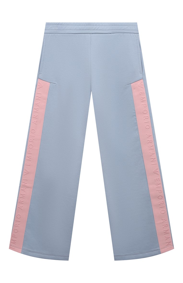 Детские хлопковые брюки EMPORIO ARMANI голубого цвета, арт. 6R3P03/1JHSZ | Фото 1 (Нос: Не проставлено; Материал внешний: Хлопок; Случай: Повседневный)