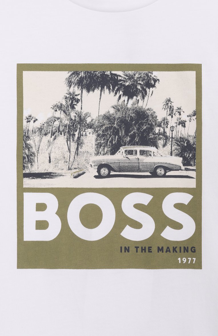 Детская хлопковая футболка BOSS белого цвета, арт. J52032 | Фото 3 (Рукава: Короткие; Материал внешний: Хлопок; Мальчики Кросс-КТ: Футболка-спорт, Футболка-одежда; Ростовка одежда: 9 лет | 134 см, 13 - 15 лет | 158 см, 12 лет | 152 см, 16 лет | 164 см, 5 лет | 110 см, 7 лет | 122 см)