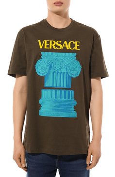 Мужская хлопковая футболка VERSACE хаки цвета, арт. 1010229/1A07449 | Фото 3 (Рукава: Короткие; Длина (для топов): Стандартные; Стили: Гранж, Милитари; Принт: С принтом; Материал сплава: Проставлено; Материал внешний: Хлопок; Драгоценные камни: Проставлено)