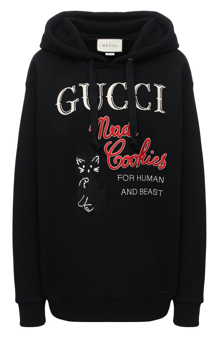 Женский хлопковое худи GUCCI черного цвета, арт. 615061/XJC0C | Фото 1 (Длина (для топов): Стандартные; Рукава: Длинные; Материал внешний: Хлопок; Женское Кросс-КТ: Худи-одежда; Региональные ограничения белый список (Axapta Mercury): RU; Драгоценные камни: Проставлено; Материал сплава: Проставлено)