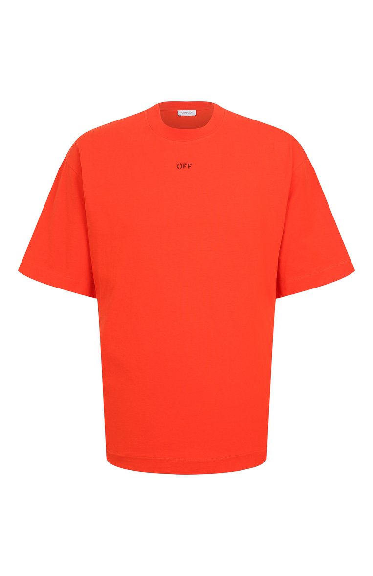 Мужская хлопковая футболка OFF-WHITE оранжевого цвета, арт. 0MAA120S25JER00F | Фото 1 (Рукава: Короткие; Мужское Кросс-КТ: Футболка-одежда; Автоматизация состава: Проставлено; Детали: Без декора; Принт: С принтом; Автоматизация ТО: Проставлено; Стили: Кэжуэл; Длина (для топов): Стандартные; Материал внешний: Хлопок)