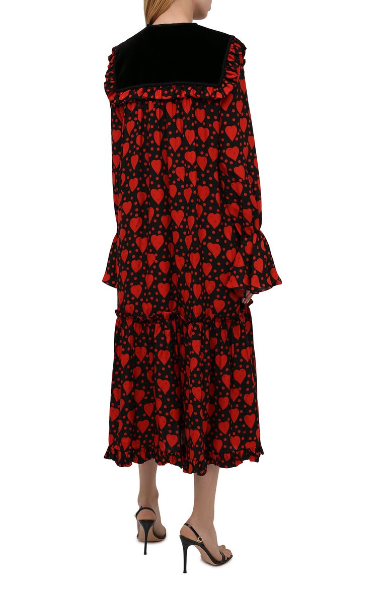 Женское шелковое платье SAINT LAURENT красного цвета, арт. 660912/Y5D46 | Фото 4 (Материал внешний: Шелк; Длина Ж (юбки, платья, шорты): Миди; Материал подклада: Шелк; Рукава: Длинные; Женское Кросс-КТ: Платье-одежда; Стили: Бохо; Случай: Коктейльный)