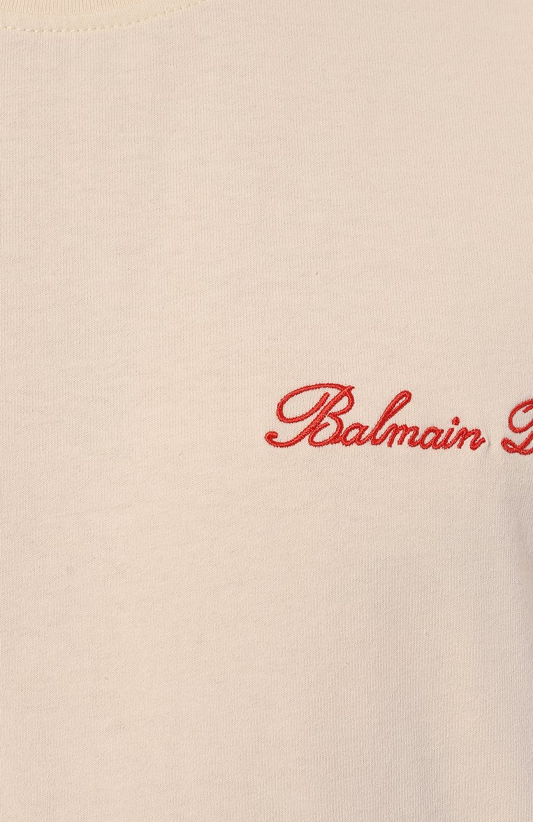 Мужская хлопковая футболка BALMAIN кремового цвета, арт. CH1EG000/GD26 | Фото 5 (Рукава: Короткие; Длина (для топов): Стандартные; Материал внешний: Хлопок; Принт: С принтом; Стили: Спорт-шик; Мужское Кросс-КТ: Футболка-одежда; Кросс-КТ: Джерси; Детали: Без декора; Автоматизация ТО: Проставлено; Автоматизация состава: Проставлено)