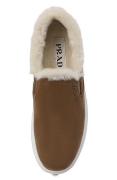 Женские замшевые слипоны PRADA бежевого цвета, арт. 1S484M-JFT-F01Y4-ZF45 | Фото 6 (Материал внешний: Шерсть, Замша, Текстиль, Натуральная кожа; Подошва: Платформа; Материал сплава: Проставлено; Драгоценные камни: Проста�влено; Кросс-КТ: Низкие)