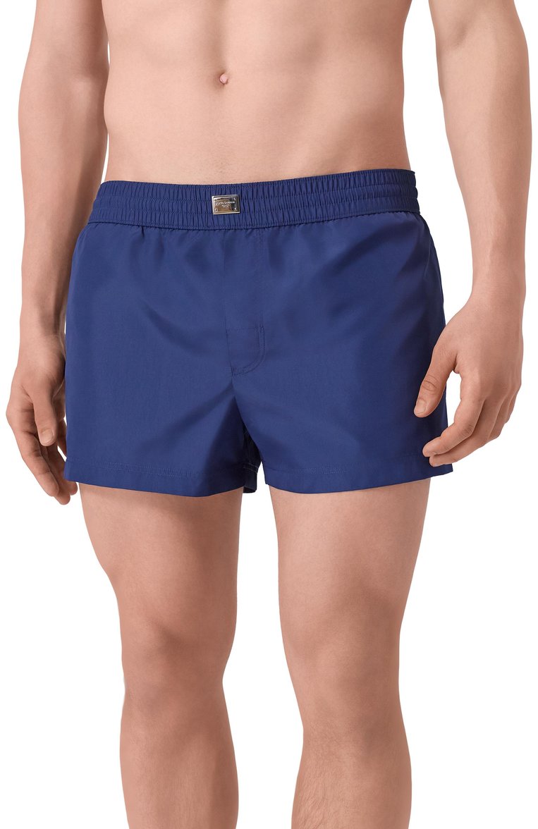 Мужские плавки-шорты DOLCE & GABBANA темно-синего цвета, арт. M4F35T/0NR46 | Фото 2 (Автоматизация состава: Проставлено; Нос: Не проставлено; Мужское Кросс-КТ: плавки-шорты; Принт: Без принта; Детали: Декор)