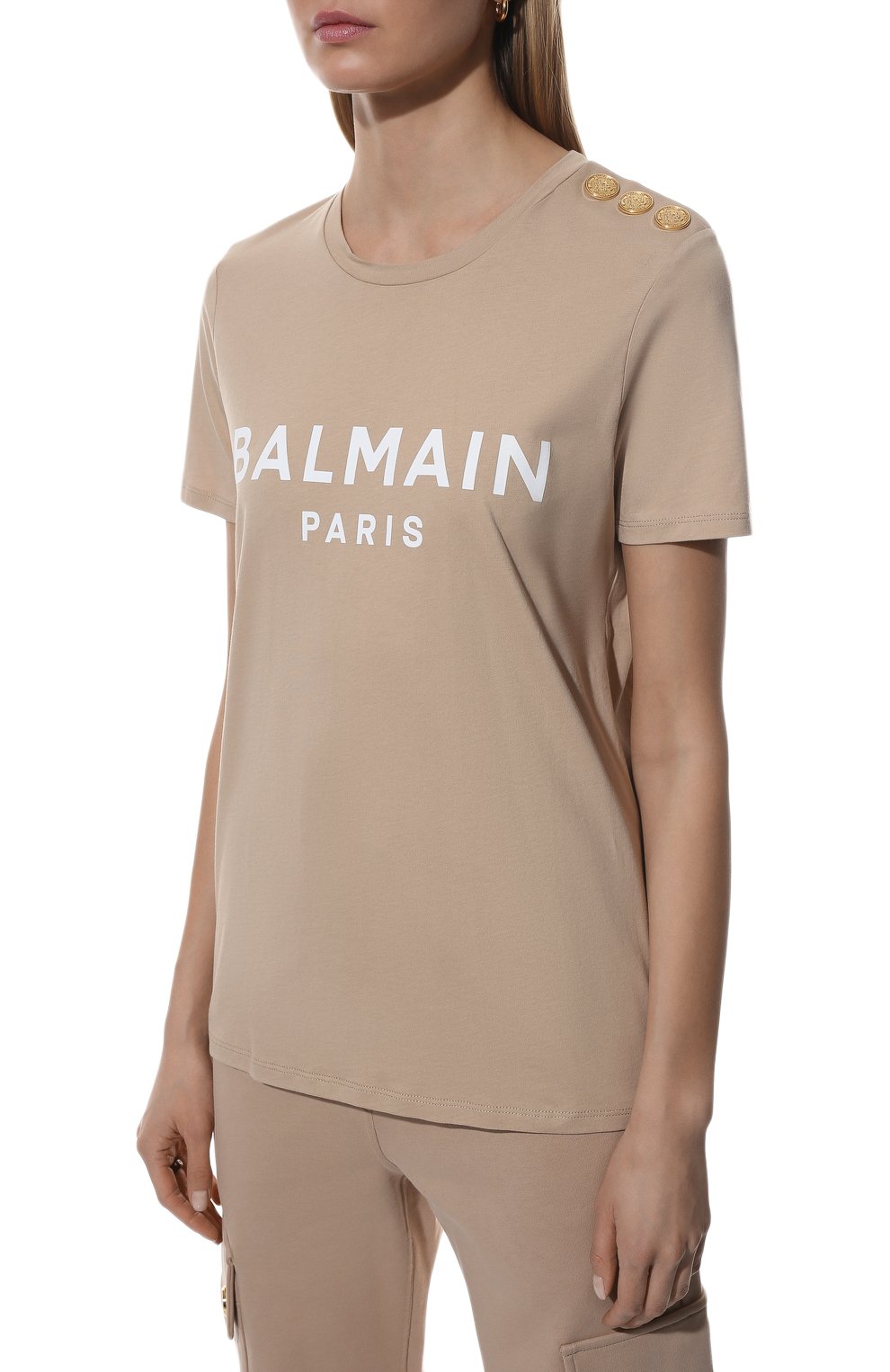 Хлопковая футболка BALMAIN бежевого цвета по цене 42750 руб., арт. XF1EF005/BB02, фото 3 Хлопковая футболка BALMAIN, арт. XF1EF005/BB02, фото 3